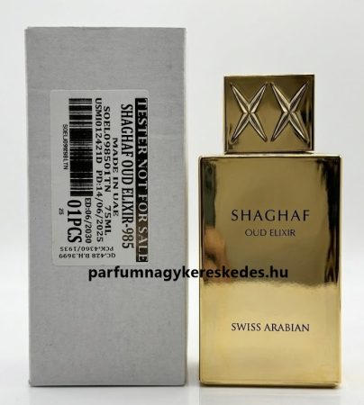 A Swiss Arabian Shaghaf Oud Elixir EDP 75ml arab-parfum-nagyker.jpg képen látható arany színű unisex teszter parfüm és szürke teszter doboza.