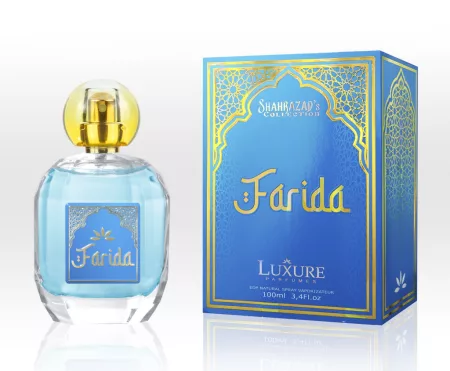 Luxure Farida EDP 100ml keleti parfüm kék üvegben sárga kupakkal és arany mintás díszdobozzal - Luxure parfüm nagykereskedés