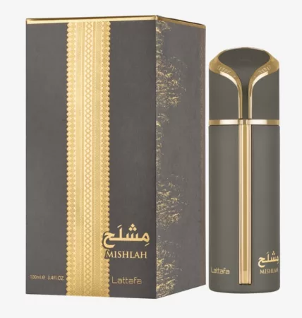 Lattafa Mishlah EDP 100ml unisex arab parfüm matt szürke üvegben és arany díszítésű dobozban - Lattafa parfüm nagyker