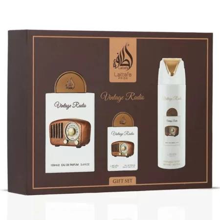 Lattafa Pride Vintage Radio 4 részes ajándékcsomag EDP 100ml, 20ml, testpermet és Travalo - Lattafa parfüm nagyker