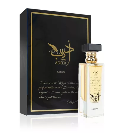 Lattafa Adeeb EDP 80ml unisex arab parfüm üveg díszes kupakkal és fekete arany díszdobozzal - Lattafa parfüm nagyker