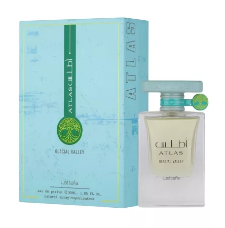 Lattafa Atlas Glacial Valley EDP 55ml unisex arab parfüm jégkék dobozzal és zöld medálos üveggel - Lattafa parfüm nagyker